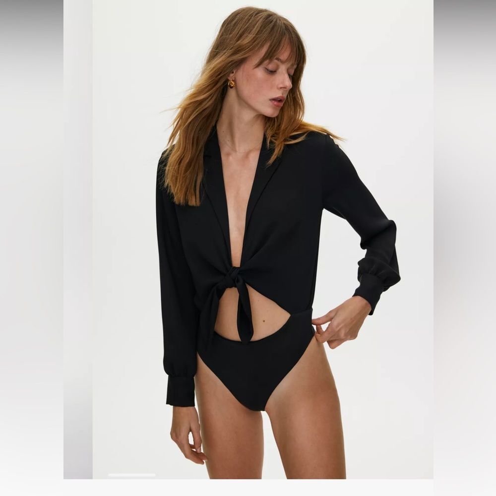 ARITZIA Babaton Ace XXS Silk Satin Tie Bodysuit Long Sleeve Top $100 - Picture 6 of 11